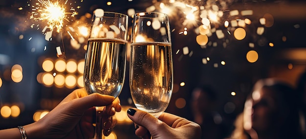 Brindisi di Capodanno con auguri di felicità gente che fa tintinnare bicchieri di gustoso champagne IA generativa