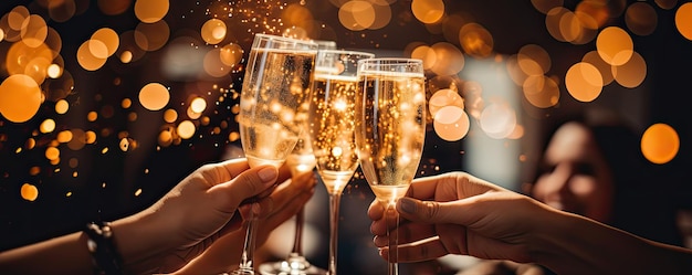 Brindisi di Capodanno con auguri di felicità gente che fa tintinnare bicchieri di gustoso champagne IA generativa