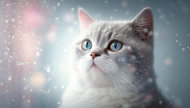 British Shorthair Cat Primo piano Bianco Rosa Blu Fantasia magica Bokeh IA generativa