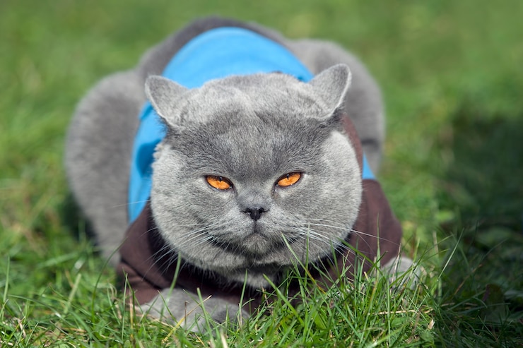 Foto british shorthair con maglione blu, sdraiato sull'erba