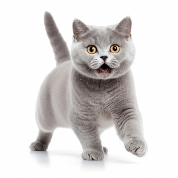 British shorthair correre in avanti e guardare qualcosa di isolato su sfondo bianco Vista frontale del gatto che gioca ritaglio