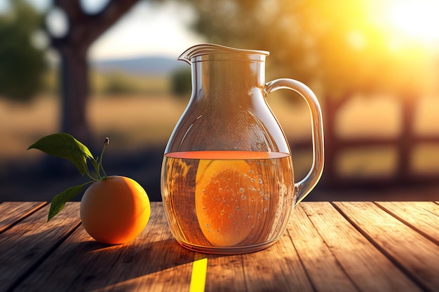 Brocca con succo d'arancia sotto il portico sotto il sole generato da Ai