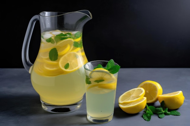 Brocca di limonata piccante e dolce con fette di limone fresco e menta creata con ai generativo