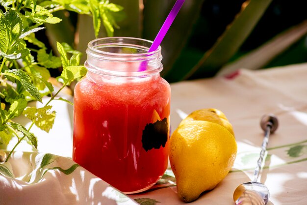 Brocca di succo di anguria con paglia nel giardino accanto al limone