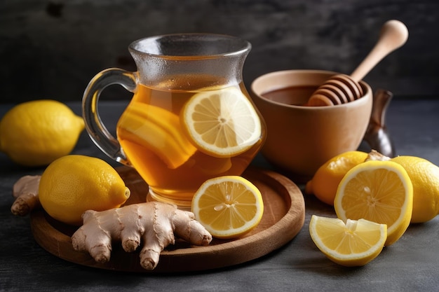 Brocca Di Tè Al Limone Allo Zenzero Con Fette Di Miele E Limone Generative AI