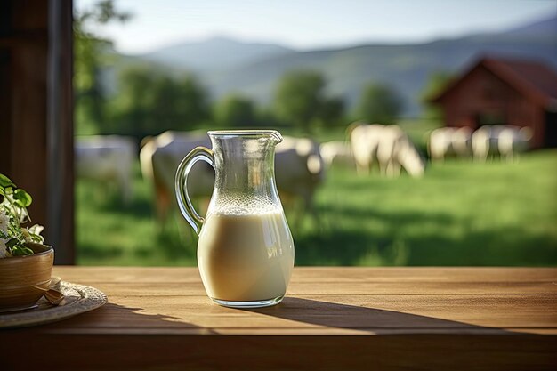 Brocca di vetro con latte fresco su un tavolo di legno sullo sfondo di una valle verde