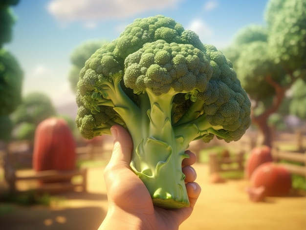 Broccoli appena raccolti in un primo piano della mano dell'agricoltore