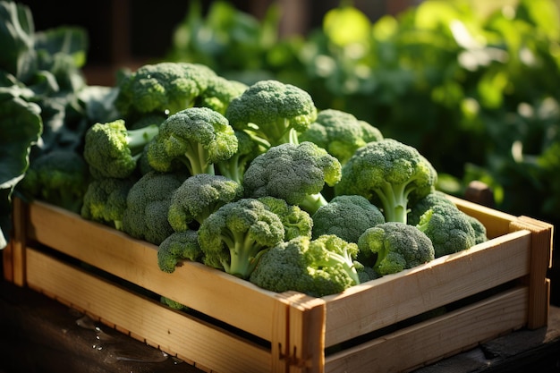 Broccoli biologici in una scatola di legno IA generativa