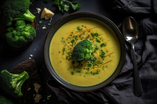 Broccoli Cheddar Zuppa Vegetariana Vista dall'alto IA generativa