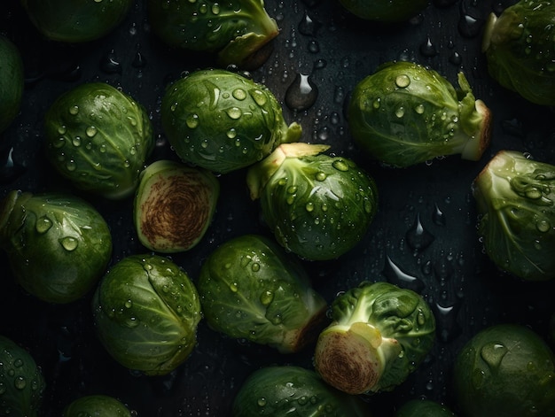 Broccoli di Bruxelles freschi con gocce d'acqua