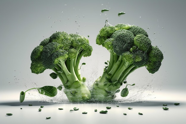 Broccoli di levitazione con gocce di spruzzi d'acqua isolati