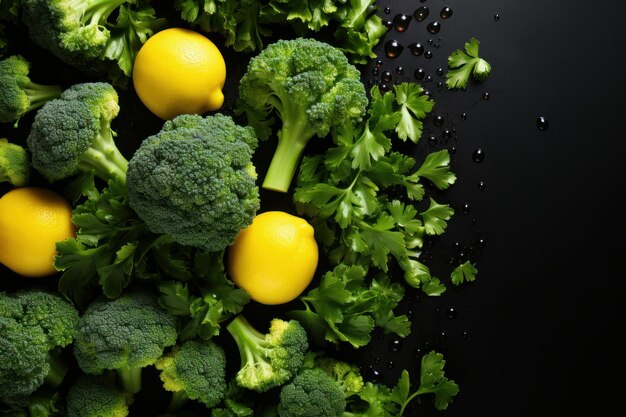 broccoli e verdure al limone su uno sfondo nero