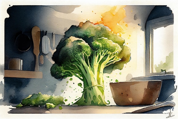 broccoli, illustrazione di piante vegetali, disegno di broccoli, arte dell'acquerello di broccoli, arredamento della cucina