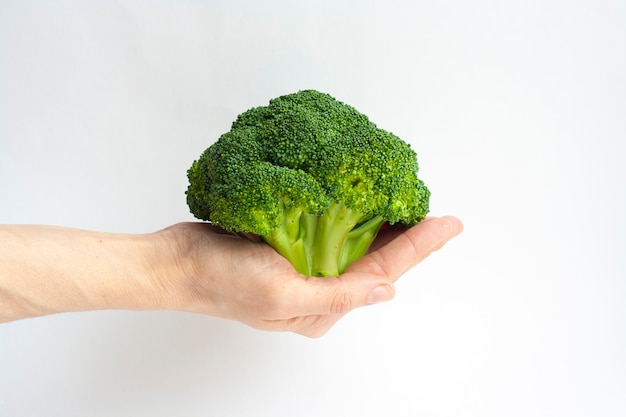 Broccoli maturi in mano di una donna su bianco