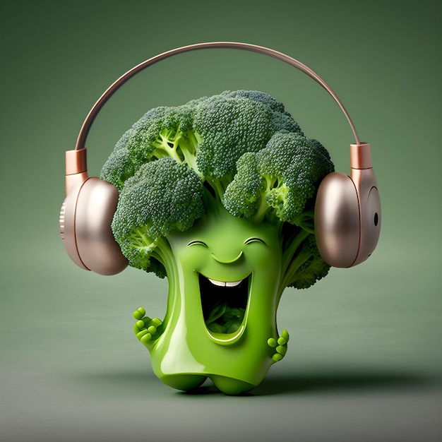 Broccoli sorridenti kawaii divertenti con le cuffie