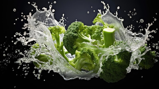 Broccoli verdi freschi spruzzati con acqua su sfondo nero e sfocatura