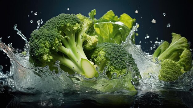 Broccoli verdi freschi spruzzati con acqua su sfondo nero e sfocatura