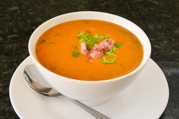 Brodo di manzo con salsiccia servito in una ciotola bianca pronto per essere gustato.