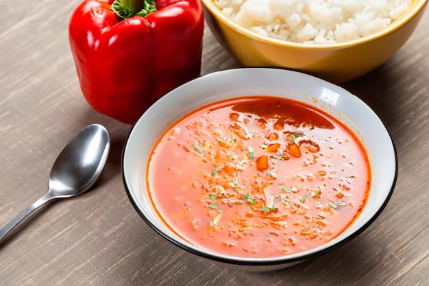 Brodo di zuppa di pomodoro fatto con pomodori tritati e altre specie