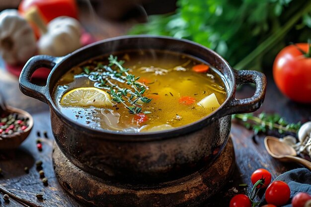 Brodo in una pentola ingredienti vegetali per una zuppa