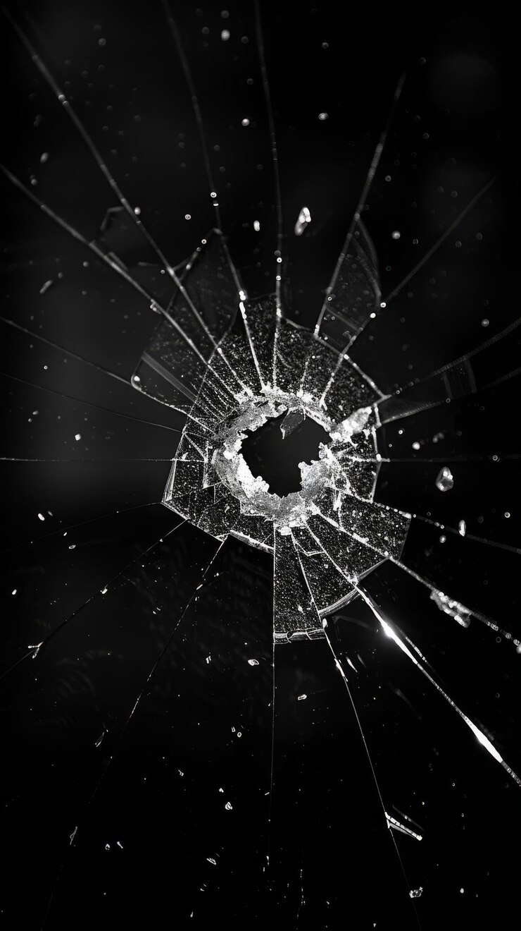 broken window from the center after being hit by a bullet fragments flying away