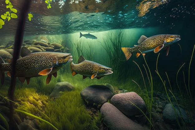 Brook Trout Fish Underwater Lush Nature di Generative AI