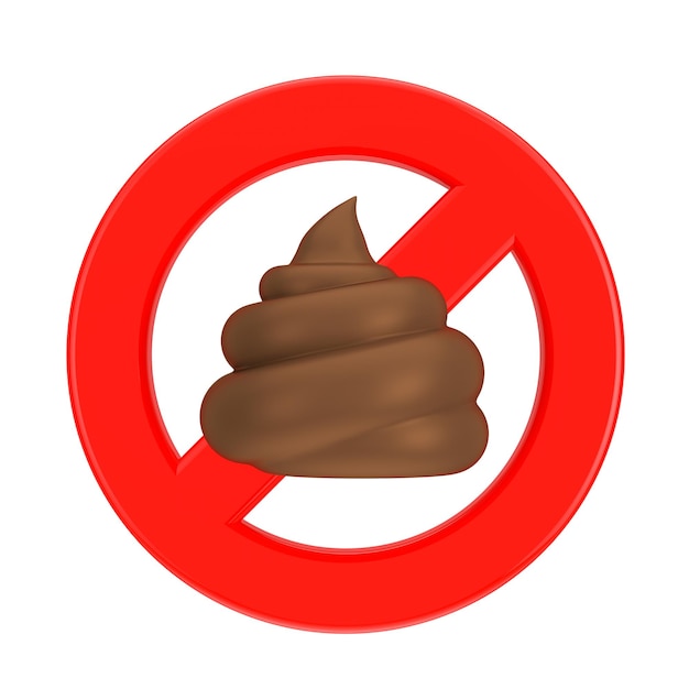 Brown Piece of Shit Cartoon Poop Icon con Red Prohibition o Forbidden Sign su uno sfondo bianco Rendering 3D