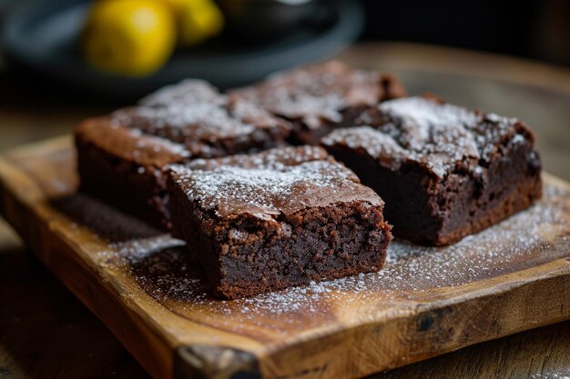 Brownies al cioccolato fatti in casa e una tazza di tè su un piatto