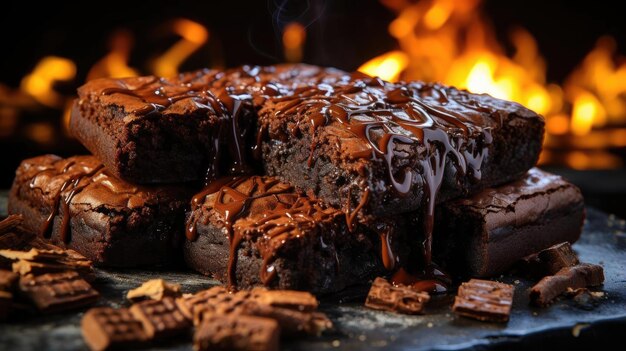 brownies al cioccolato riempiti di cioccolato dolce fuso su sfondo nero e sfocato