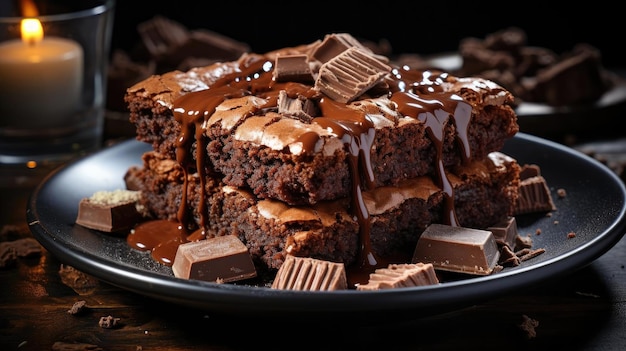 brownies al cioccolato riempiti di cioccolato dolce fuso su sfondo nero e sfocato