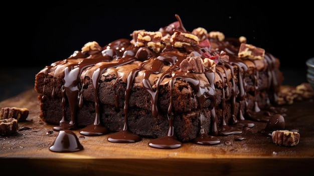 Brownies al cioccolato ripieni di cioccolato dolce fuso su sfondo nero e sfocatura