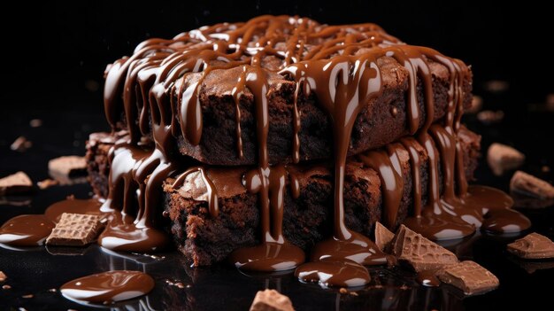Brownies al cioccolato ripieni di cioccolato dolce fuso su sfondo nero e sfocatura