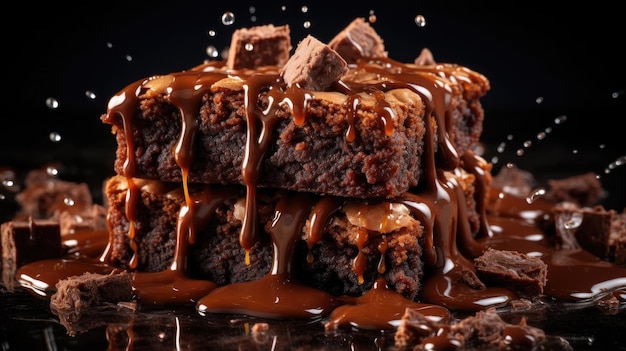 Brownies al cioccolato ripieni di cioccolato dolce fuso su sfondo nero e sfocatura