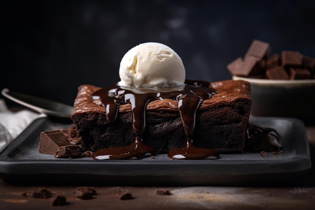 Brownies brownies al cioccolato con sopra una pallina di gelato alla vaniglia