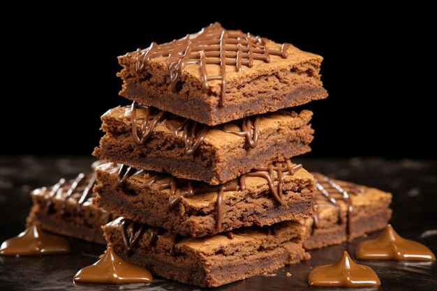 Brownies impilati per formare una cascata di cioccolato in cascata in una piscina di caramello