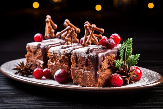 Brownies serviti su una barca da dessert che galleggia su un mare di ganache al cioccolato