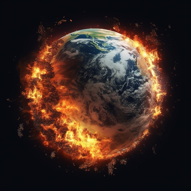 Bruciare la terra in fiamme Riscaldamento globale e proteggere il concetto di terra Pianeta terra in fiamme