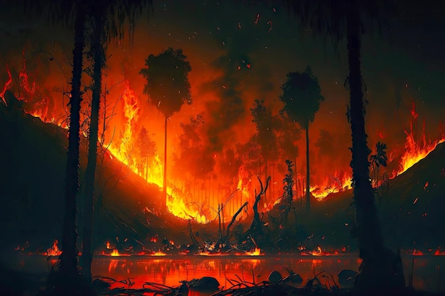 Bruciare rami e tronchi d'albero e vegetazione durante gli incendi boschivi