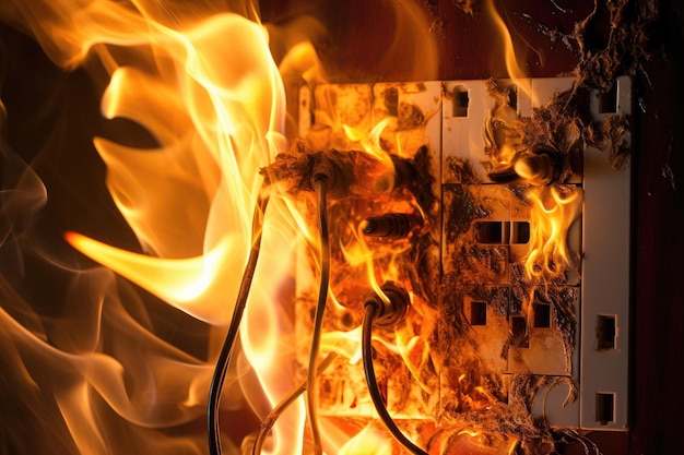 Bruciatura del pannello elettrico fuoco e fumo da vicino messa a fuoco selettiva cablaggio elettrico difettoso che porta ad incendi causati da vecchi cablaggi scadenti nella presa AI generato
