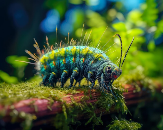 Bruco peloso su ramo muschioso Un primo piano della trasformazione della natura da larva a farfalla