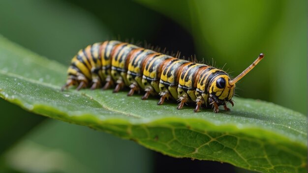 Bruco verde su una foglia con peli morbidi