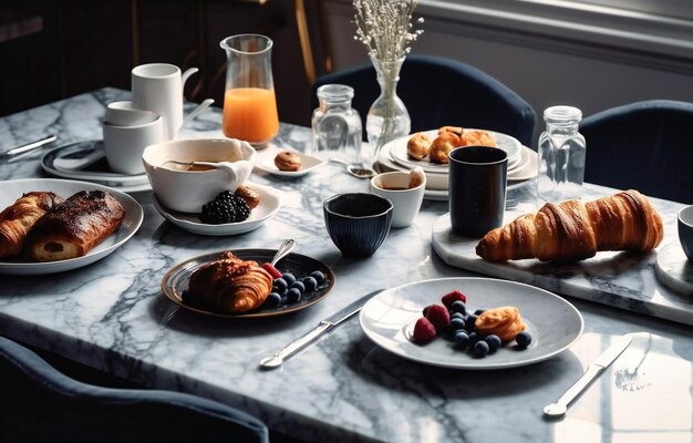 Brunch per la colazione su un tavolo di marmo bianco