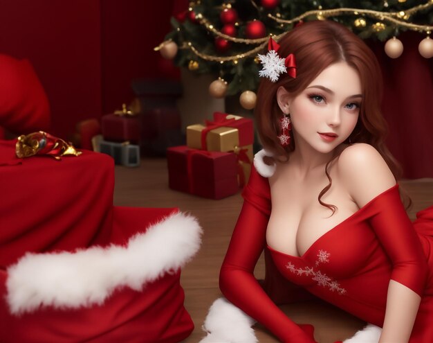 Brunetta Babbo Natale in cappello modella ragazza all'interno con sfondo natalizio