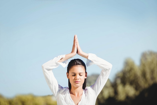 Brunette calmo che fa yoga in un giorno soleggiato