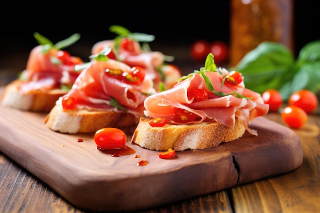 Bruschetta al prosciutto serrano con pomodorini rossi in cima