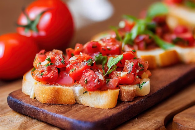 Bruschetta antipasto fast food con pomodori e pane fritto al basilico