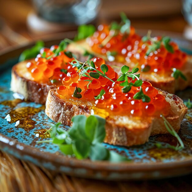 Bruschetta con caviale rosso si trova su un piatto generato da AI