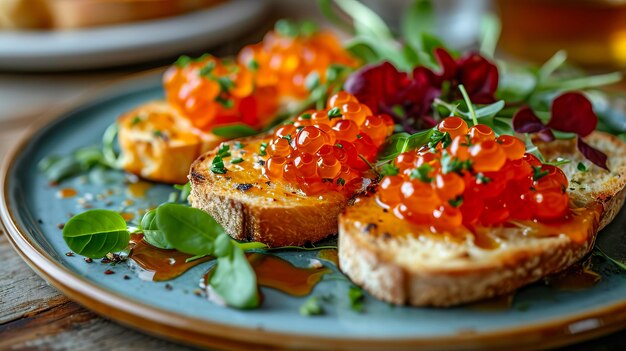 Bruschetta con caviale rosso si trova su un piatto generato da AI