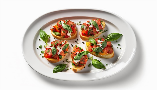 Bruschetta con pomodori e basilico su un piatto isolato su sfondo bianco AI generativa