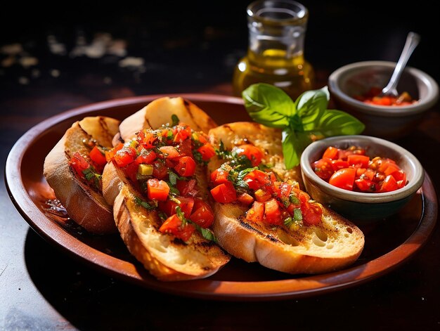 Bruschetta con pomodori e olio d'oliva su uno sfondo nero